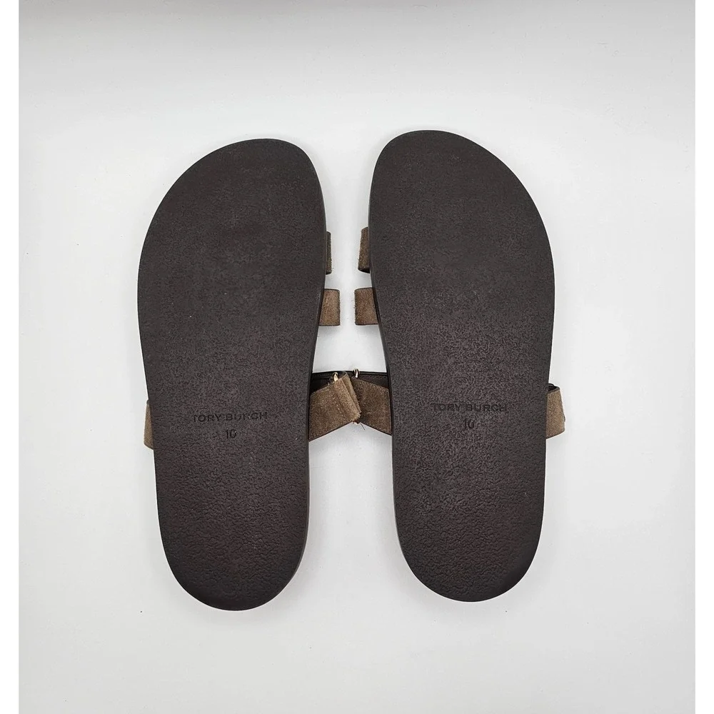 Tory Burch Ines Suede Leather Sport Slide Sandal Size 10 Brown Hook Loop Straps